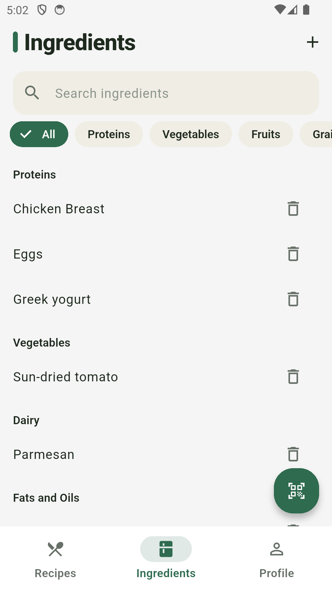 RecipeMatch ingredients screen showing categorized items like chicken breast, eggs, Greek yogurt, sun-dried tomato and Parmesan