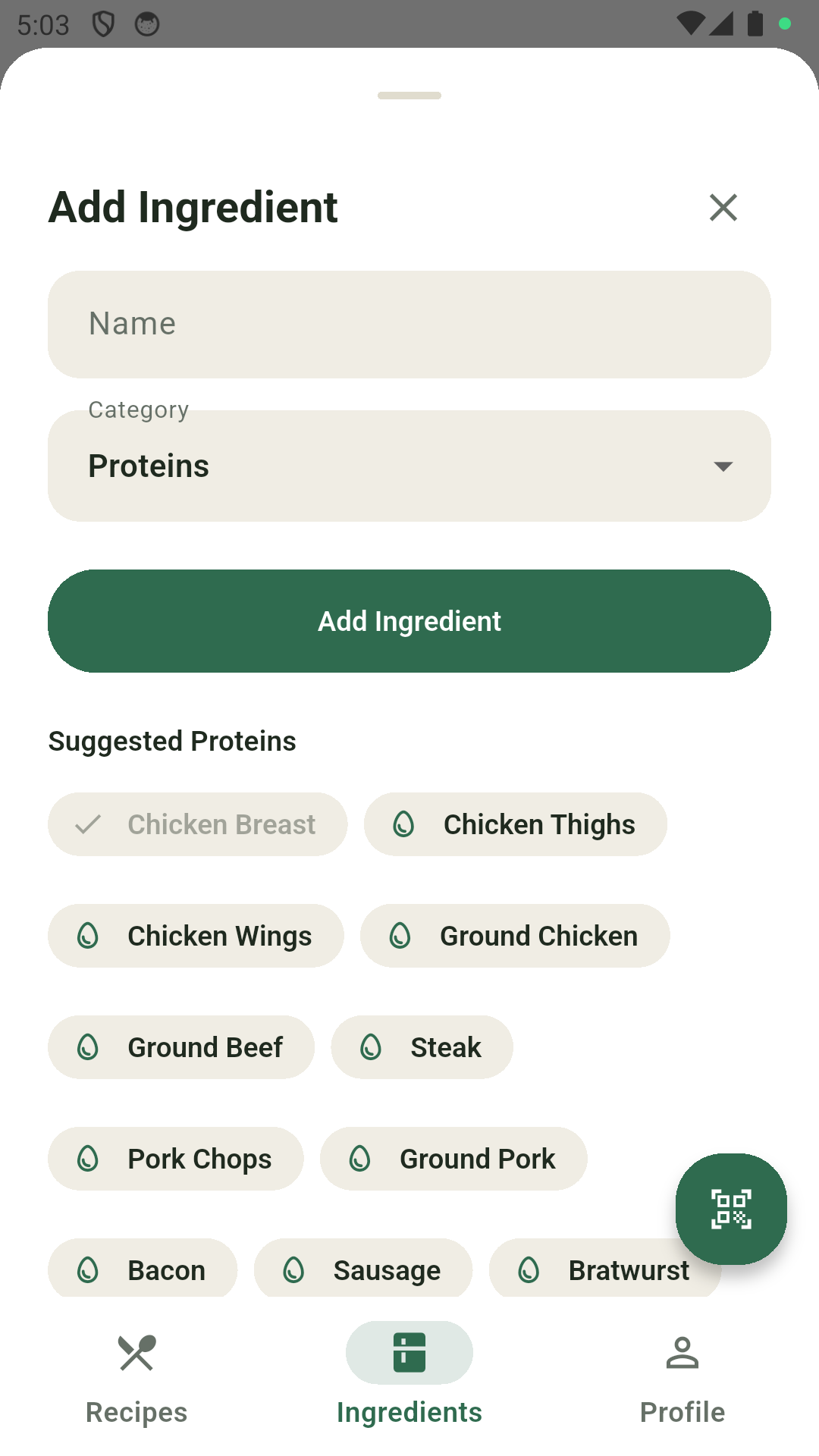 RecipeMatch add ingredient screen with a barcode scan button and suggested proteins like chicken thighs, ground beef, and bacon