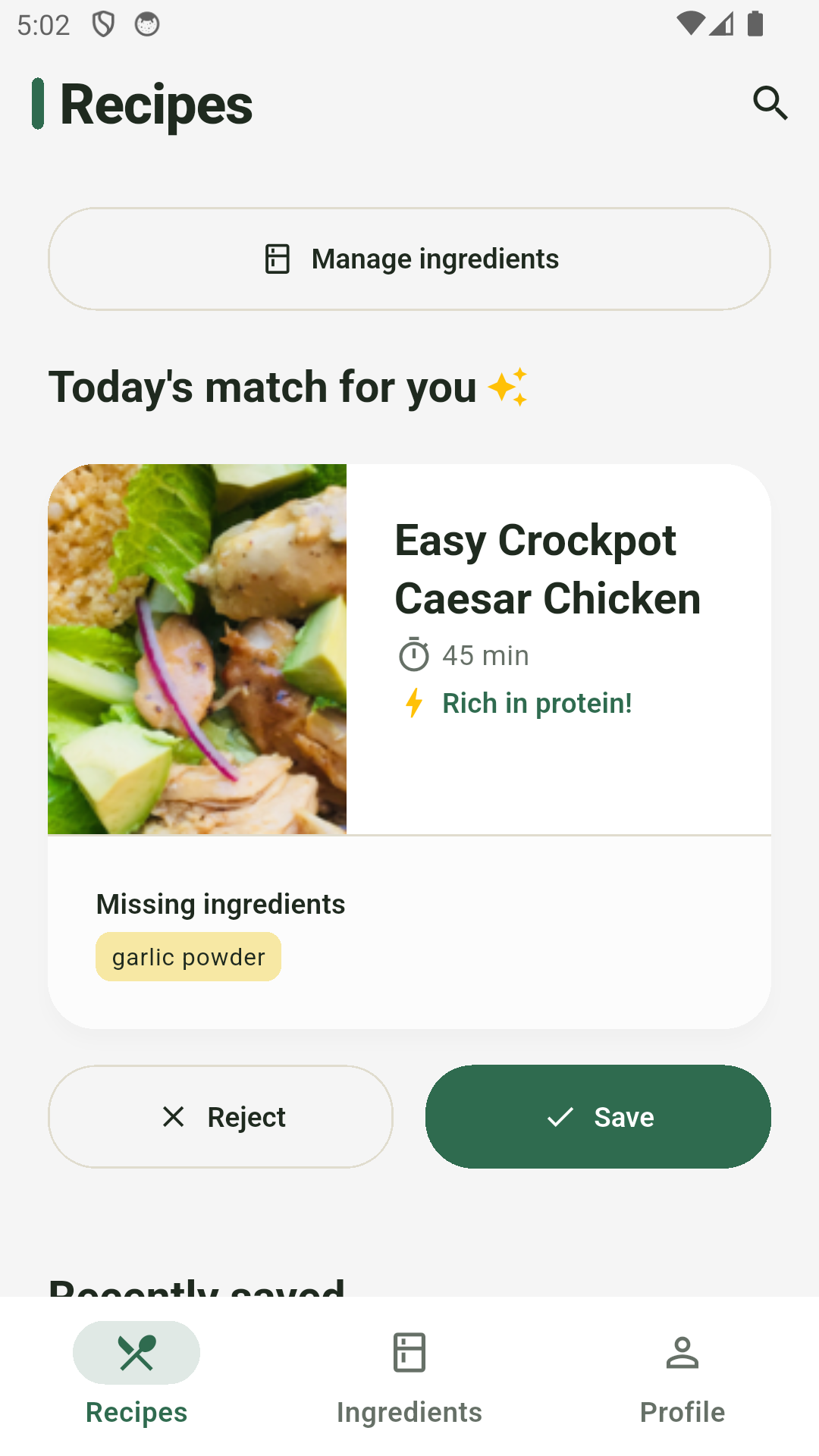 RecipeMatch app showing today's matched recipe, Easy Crockpot Caesar Chicken, with one missing ingredient: garlic powder
